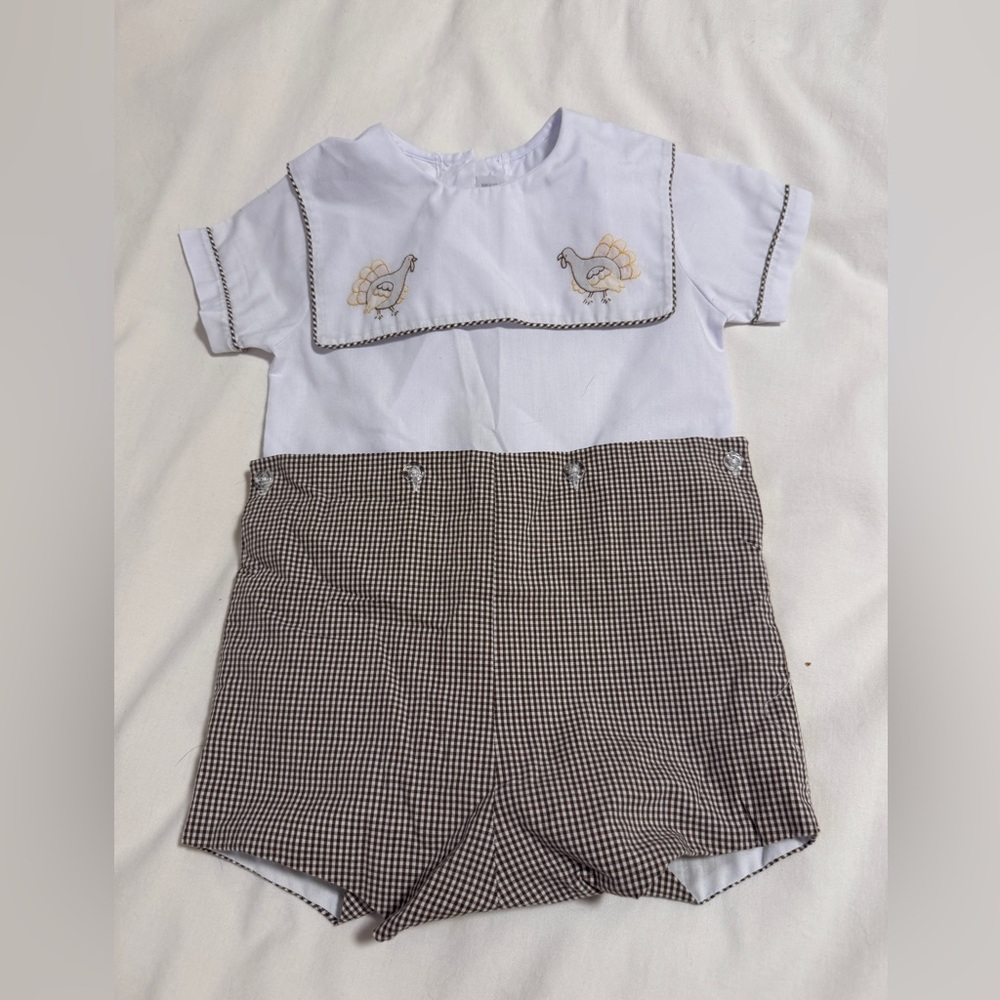 Araluz Toddler Boys Brown Gingham Turkey Thanksgiving Stitched Bobby Suit | 18M